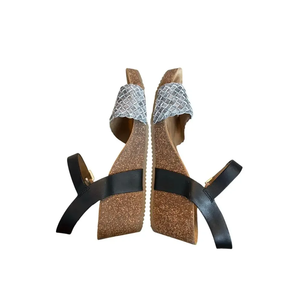 Comfortiva Eshana Wedge Sandals Gray Woven Leather Black Ankle Strap Size 7.5